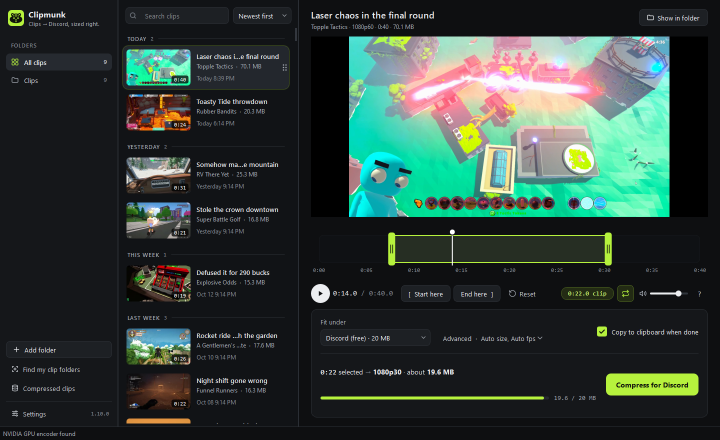 Clipmunk with a gameplay clip open, the trim handles set to 22 seconds and the Fit under picker on Discord free, 20 MB