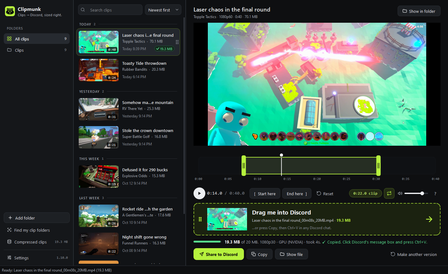 A finished gameplay clip ready to post, with Drag me into Discord, Share to Discord, Copy and Show file buttons